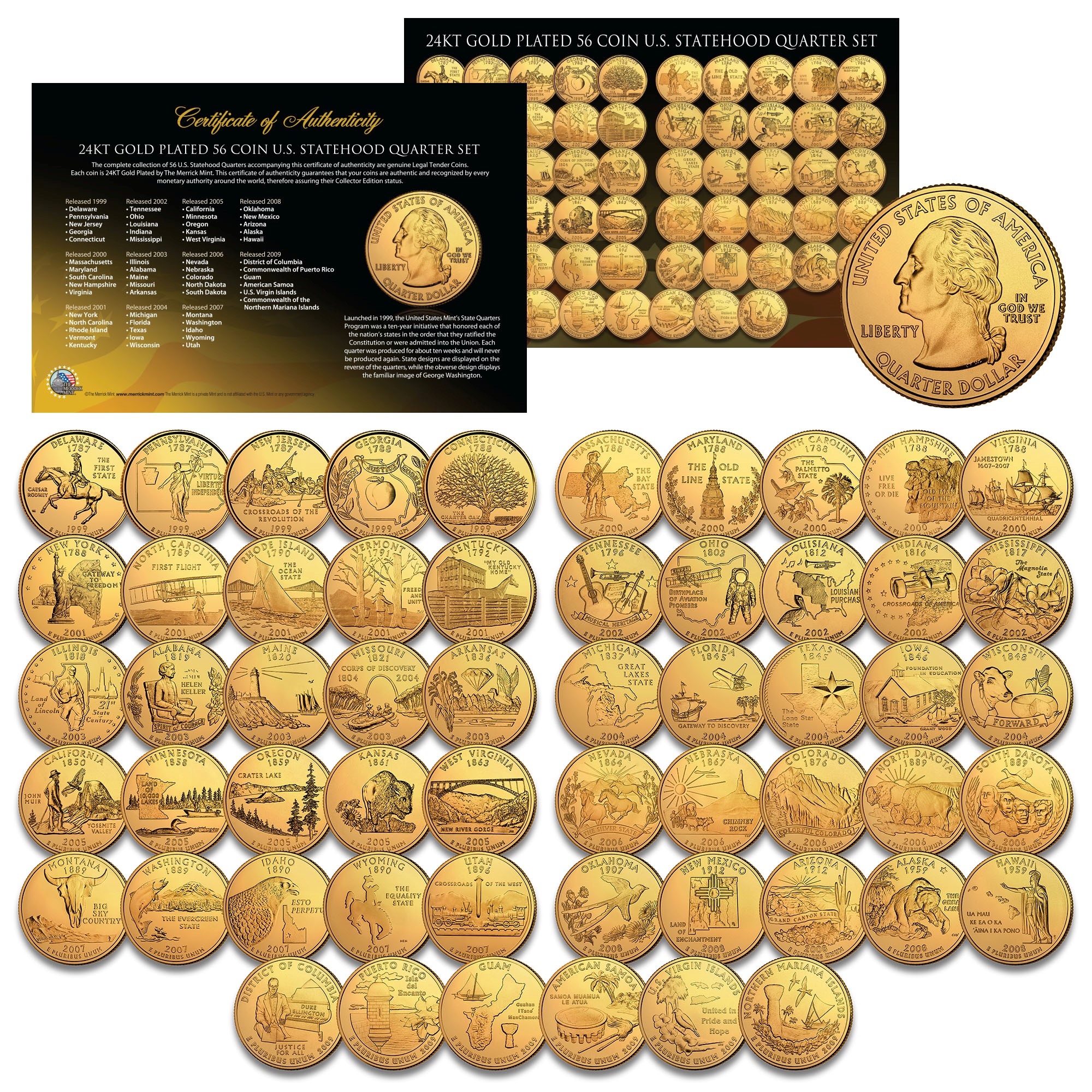 US Statehood Quarters GOLD plated Legal Tender * 56Coin Complete Set